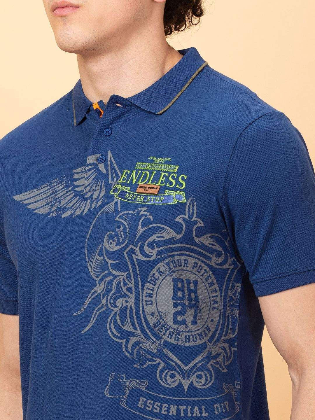 Being Human Men Printed Polo Collar Applique T-shirt