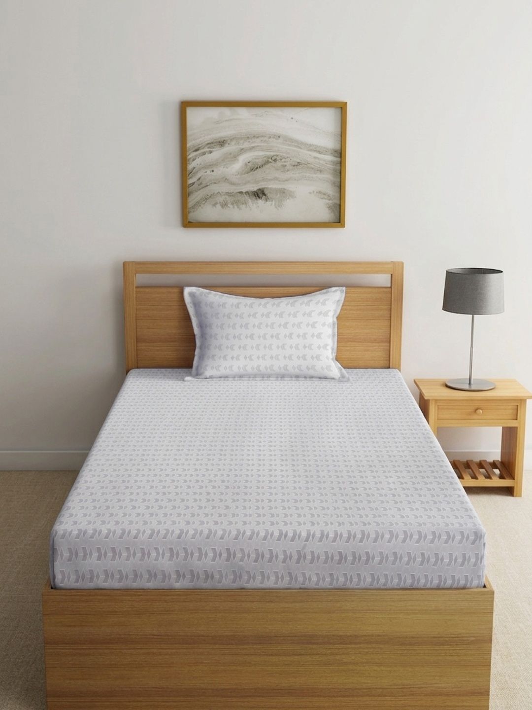 Myntra Elegant Homes Grey Geometric 300 TC Single Bedsheet with 1 Pillow Covers