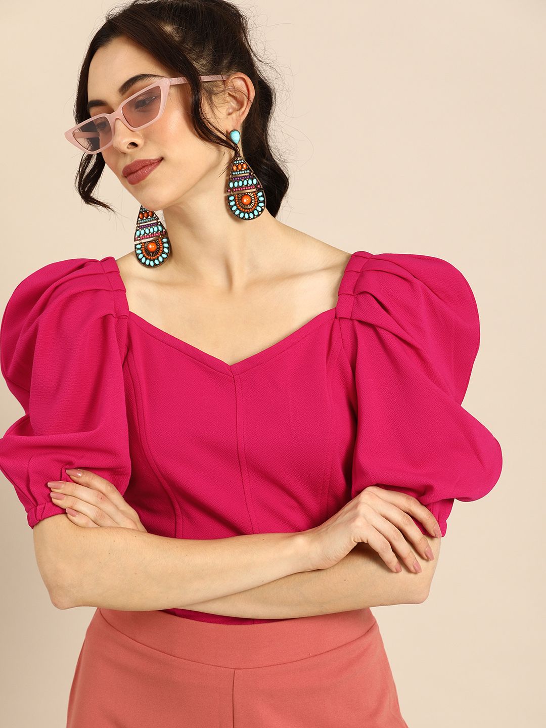 Athena Chic Fuchsia Pink Power Shoulders Top