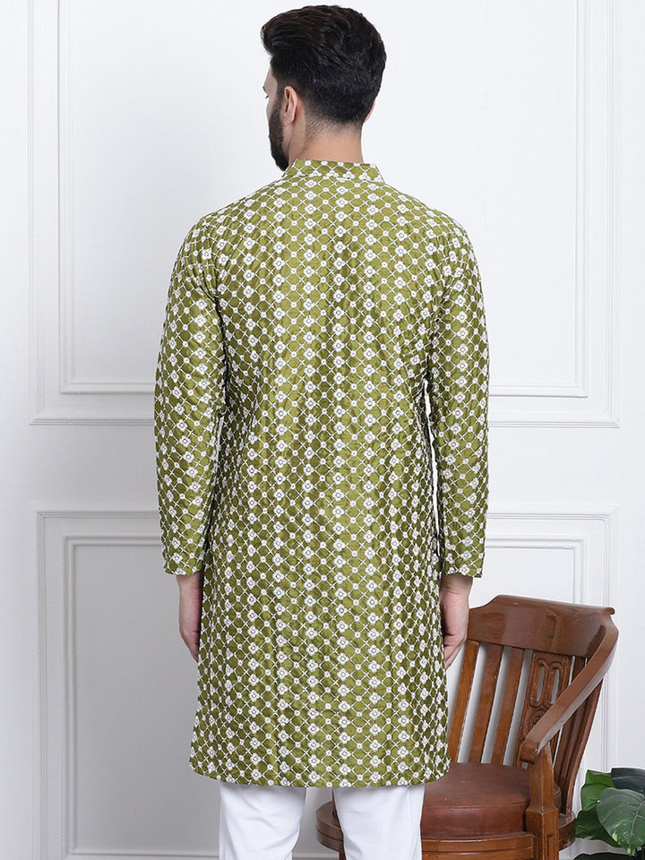 SOJANYA Men Green & White Ethnic Motifs Embroidered Kurta