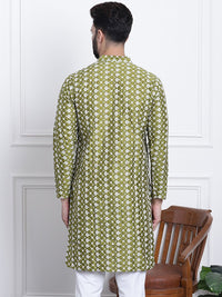 SOJANYA Men Green & White Ethnic Motifs Embroidered Kurta
