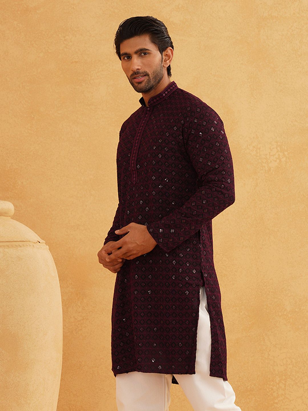 SOJANYA Ethnic Motifs Embroidered Mandarin Collar Sequined Pure Cotton Straight Kurta