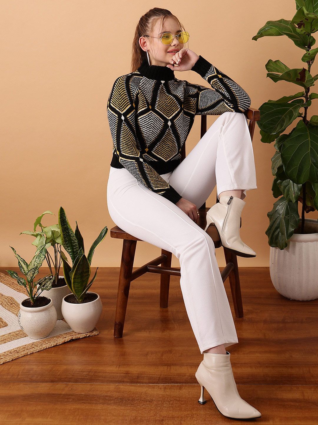 STREET 9 Geometric Printed Turtle Neck Ribbed Jacquard Acrylic Pullover