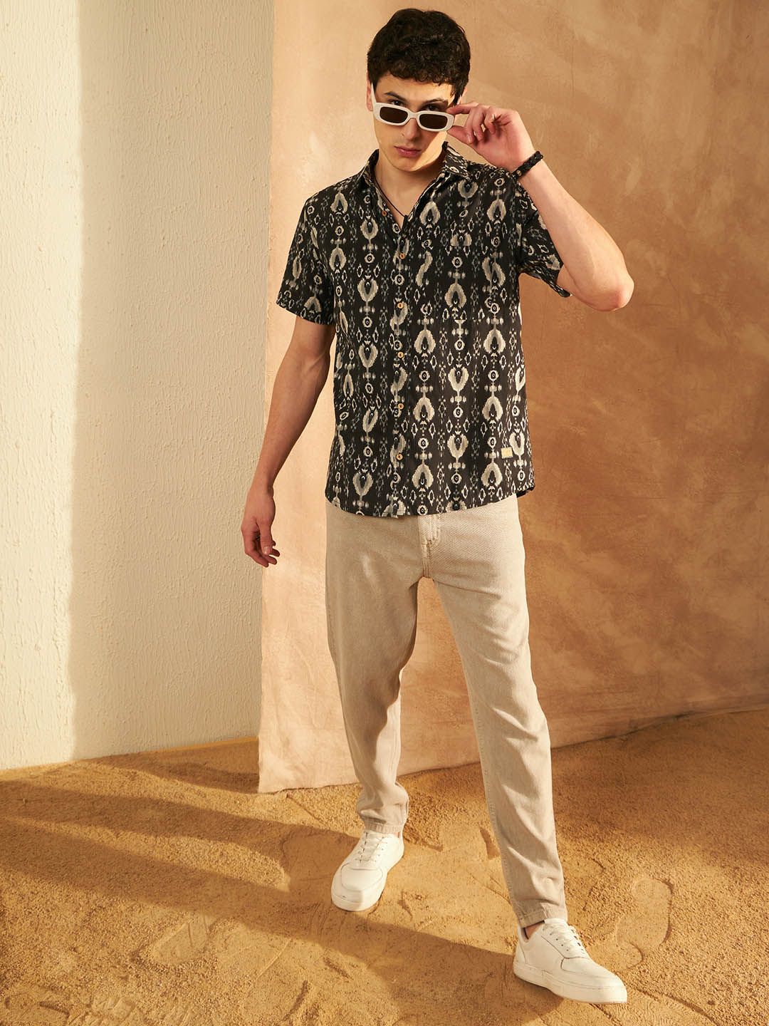 DENNISON Smart Ethnic Motifs Printed Spread Collar Cotton Oversized Lightweight Shirt