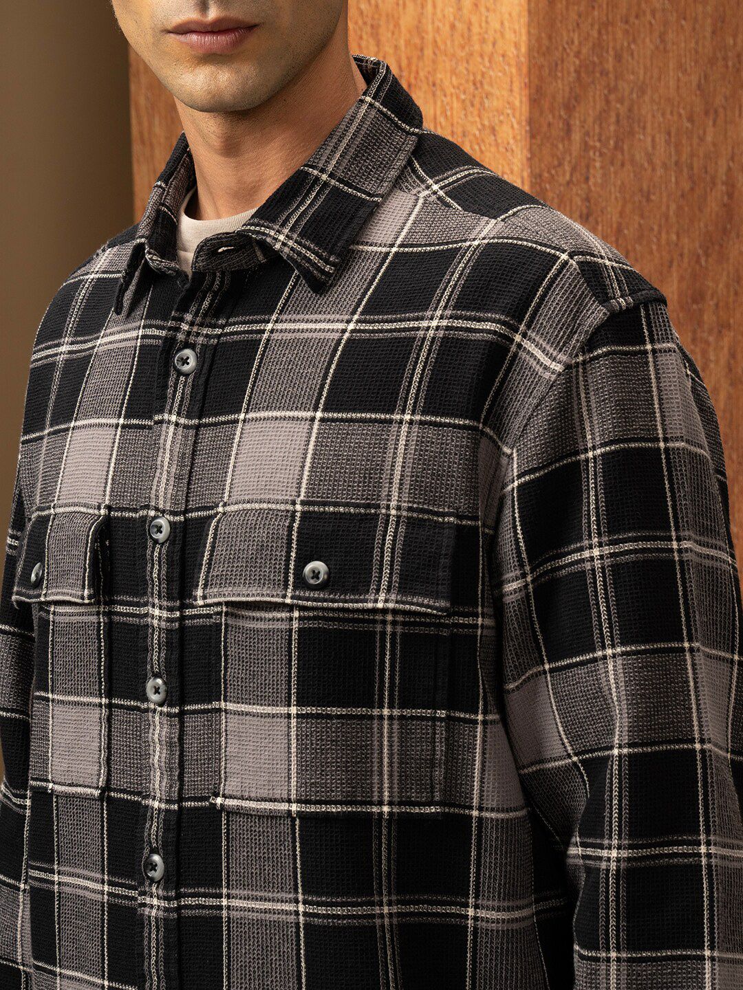 LOCOMOTIVE Premium Oversized Waffle Dobby Textured Checked Utility Pocket Overshirt