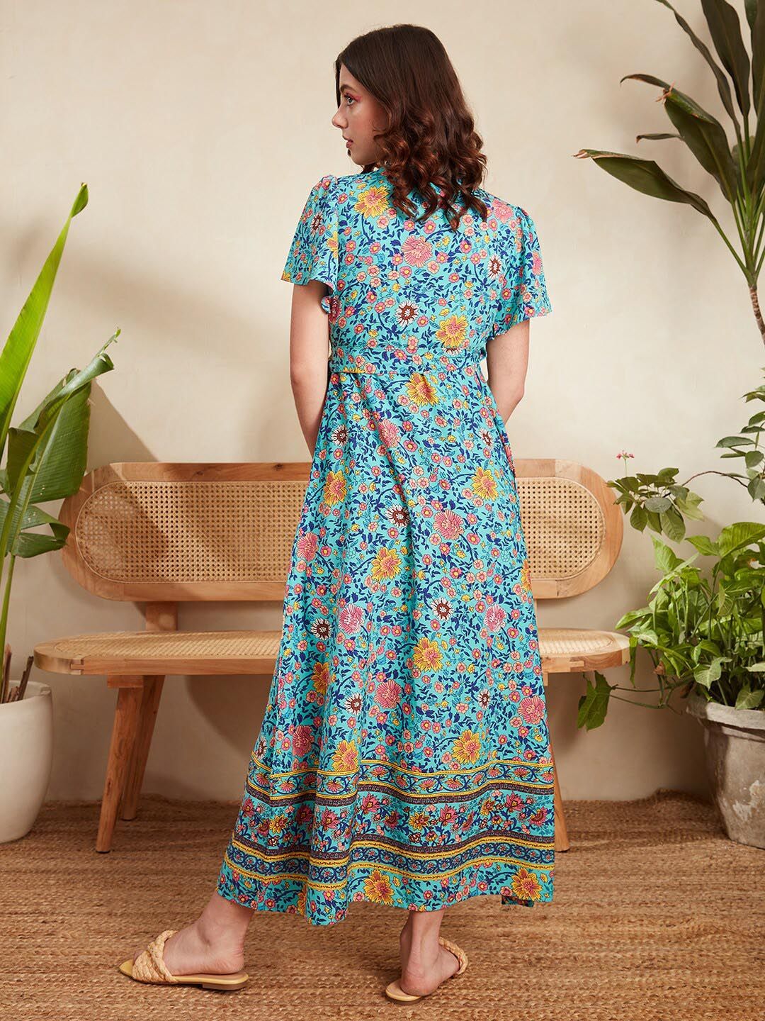 Berrylush Blue Ethnic Motifs Printed Flared Sleeve Tie Up Wrap Dress