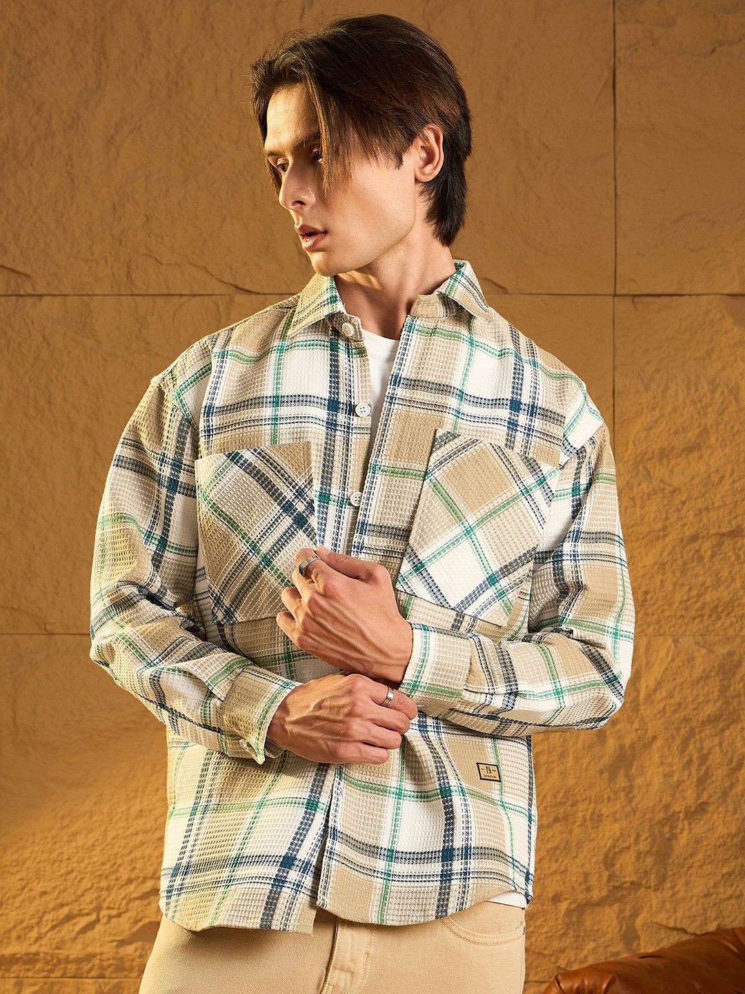 DENNISON Men Double Pocket Drop Shoulder Oversized Cotton Checked Shacket
