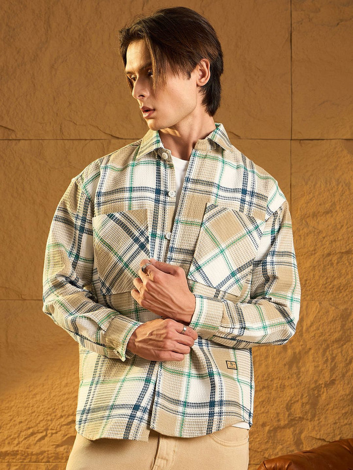 DENNISON Men Double Pocket Drop Shoulder Oversized Cotton Checked Shacket