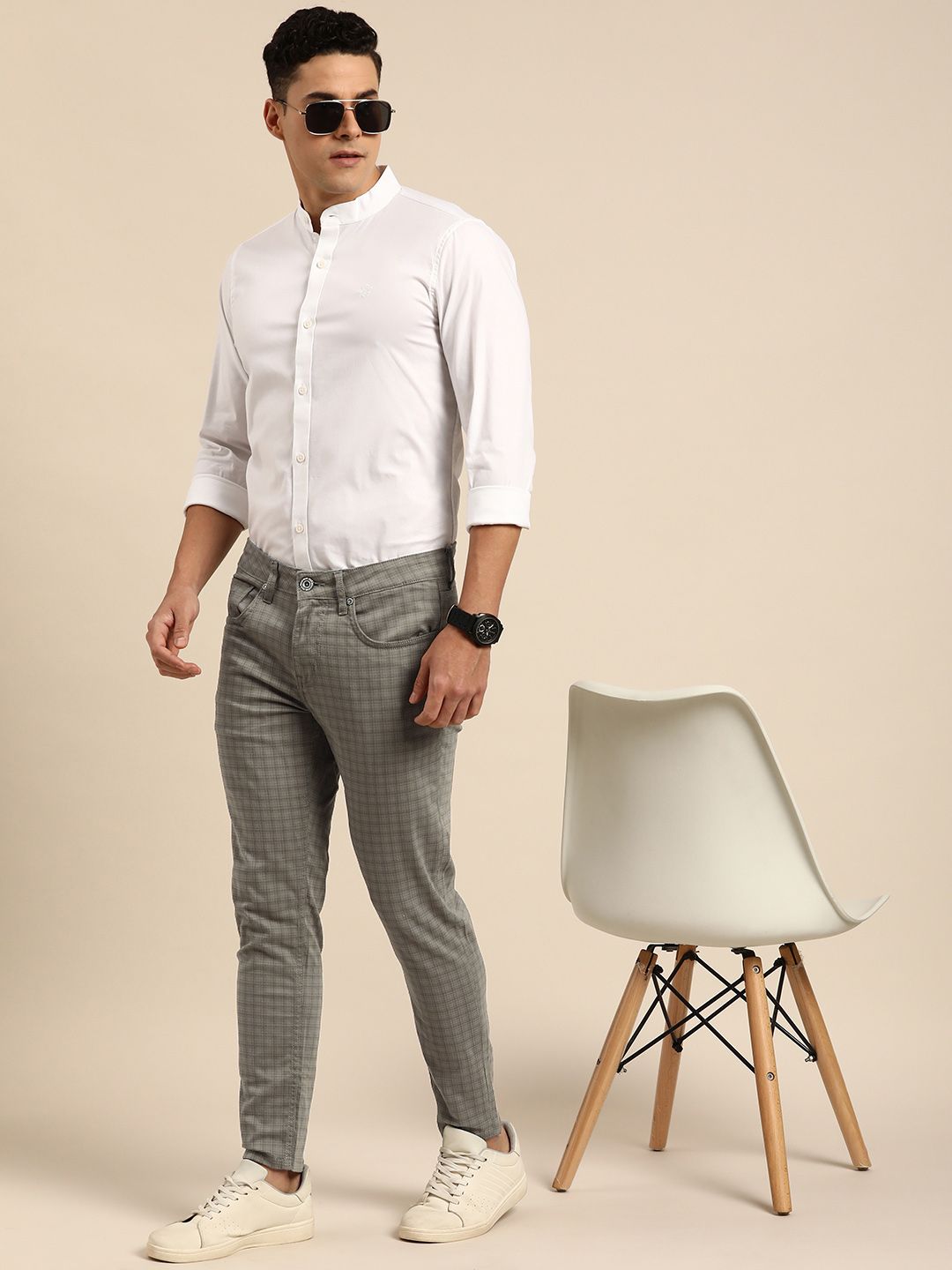 Being Human Men Checked Mid-Rise Chinos Trousers
