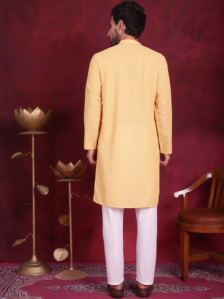 Jompers Ethnic Motifs Embroidered Mandarin Collar Chikankari Georgette Kurta with Pyjamas