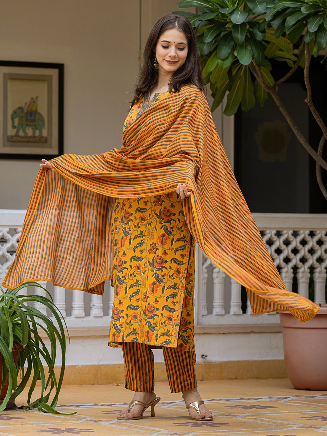 KALINI Floral Printed Regular Cotton Blend Kurta with Trousers With Dupatta