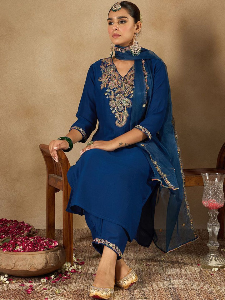 Indo Era Women Ethnic Motifs Embroidered Regular Liva Kurta with Trousers & With Dupatta