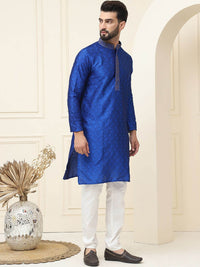 SOJANYA Paisley Woven Design Mandarin Collar Silk Cotton Straight Kurta with Pyjamas