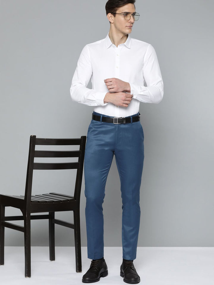 DENNISON Men Blue Solid Smart Auto Fit Waist Formal Trousers