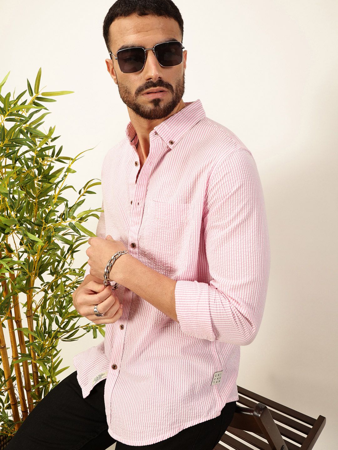 Thomas Scott Men Premium Slim Fit Striped Button-Down Collar Pure Cotton Casual Shirt