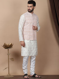 Anouk Cream-Coloured Floral Embroidered Cotton Silk Kurta with Churidar & Nehru Jacket