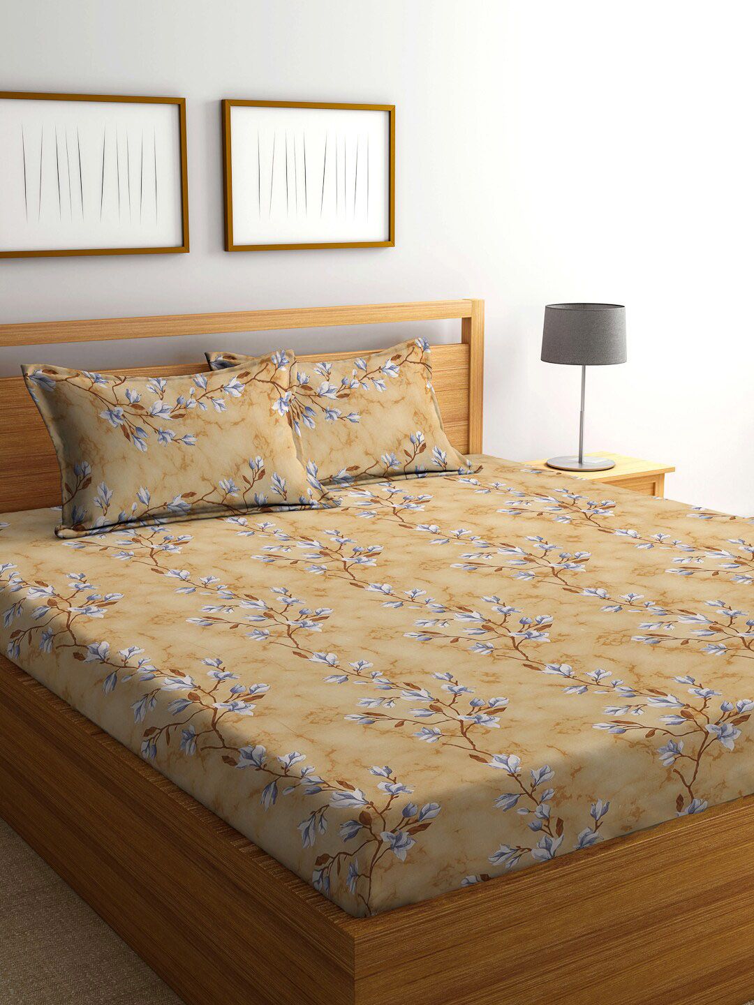 KLOTTHE Coklat Floral Kapas Tulen 400 TC Dilengkapi Cadar King Superfine dengan 2 Sarung Bantal-98 x 89 inci