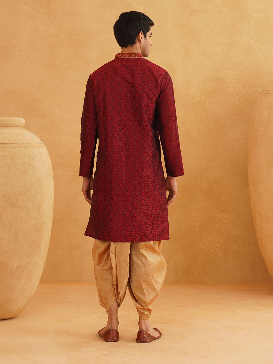 SOJANYA Men Maroon & Gold-Toned Self Design Kurta with Dhoti Pants