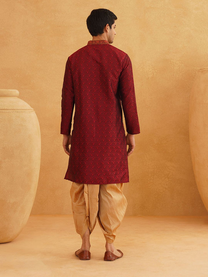 SOJANYA Men Maroon & Gold-Toned Self Design Kurta with Dhoti Pants