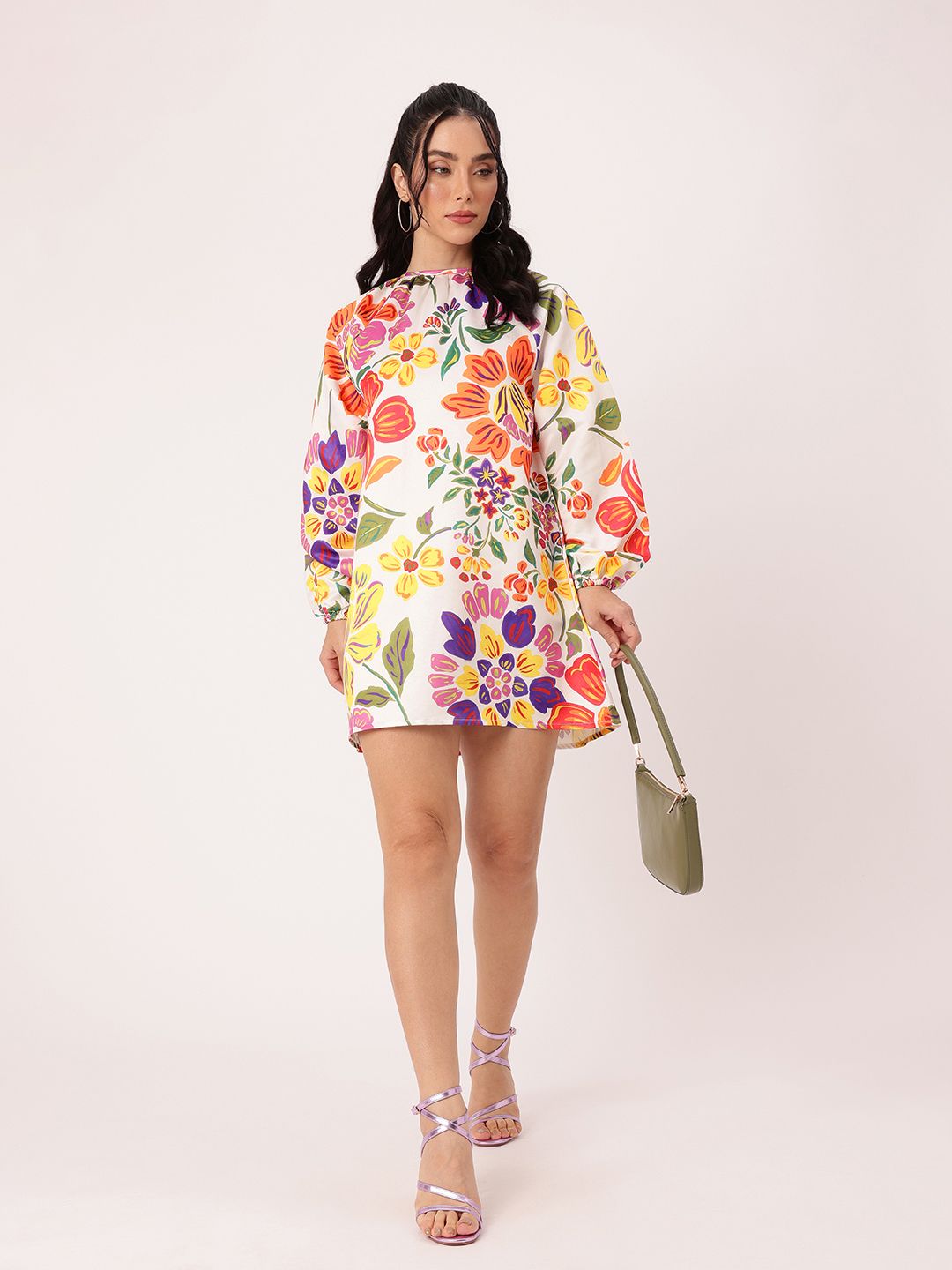 DressBerry Chic Vibrant Bloom Printed Gathered A-Line Mini Dress