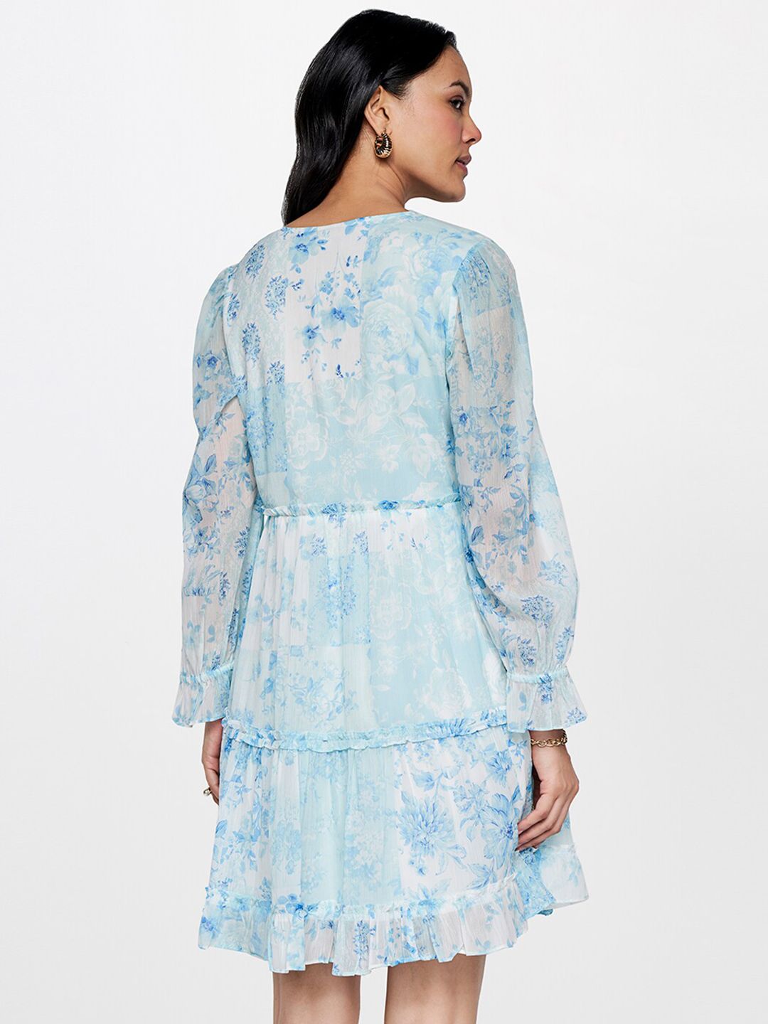AND Floral Printed V-Neck Bell Sleeve Gathered Tiered Fit & Flare Dress