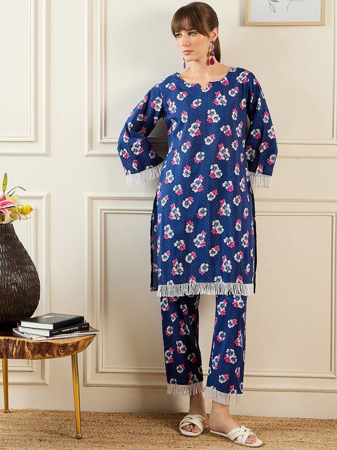 Indo Era Floral Printed Pure Cotton Tunic & Trouser Co-Ords