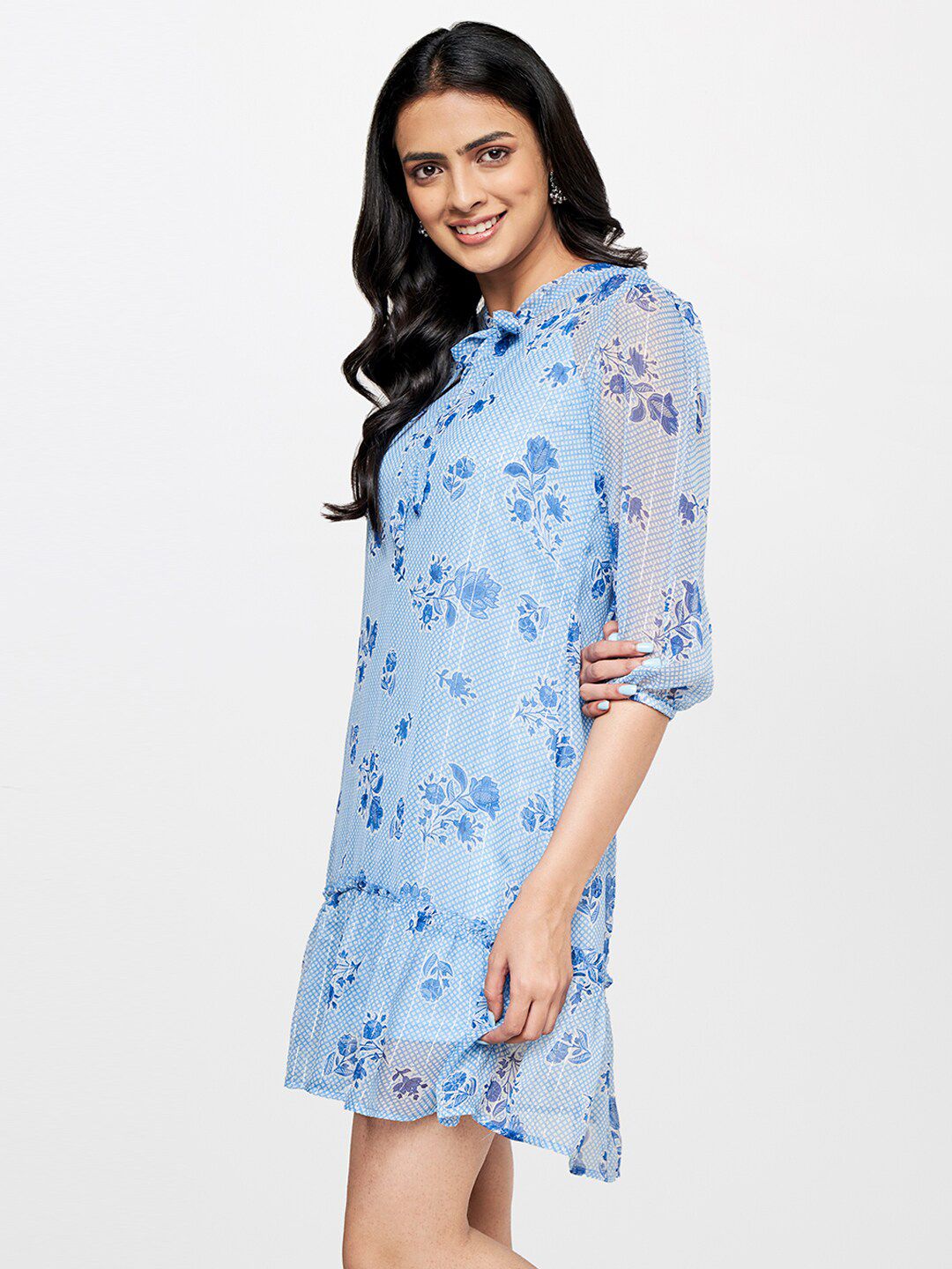 Global Desi Floral Tie-Up Neck A-Line Dress