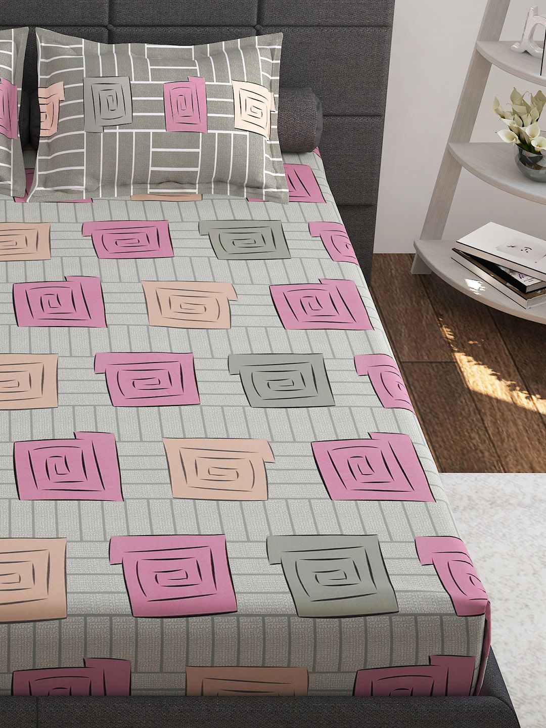 Story@home Beige White Geometric Cotton 144 TC Queen Bedsheet With 2 Pillow Covers