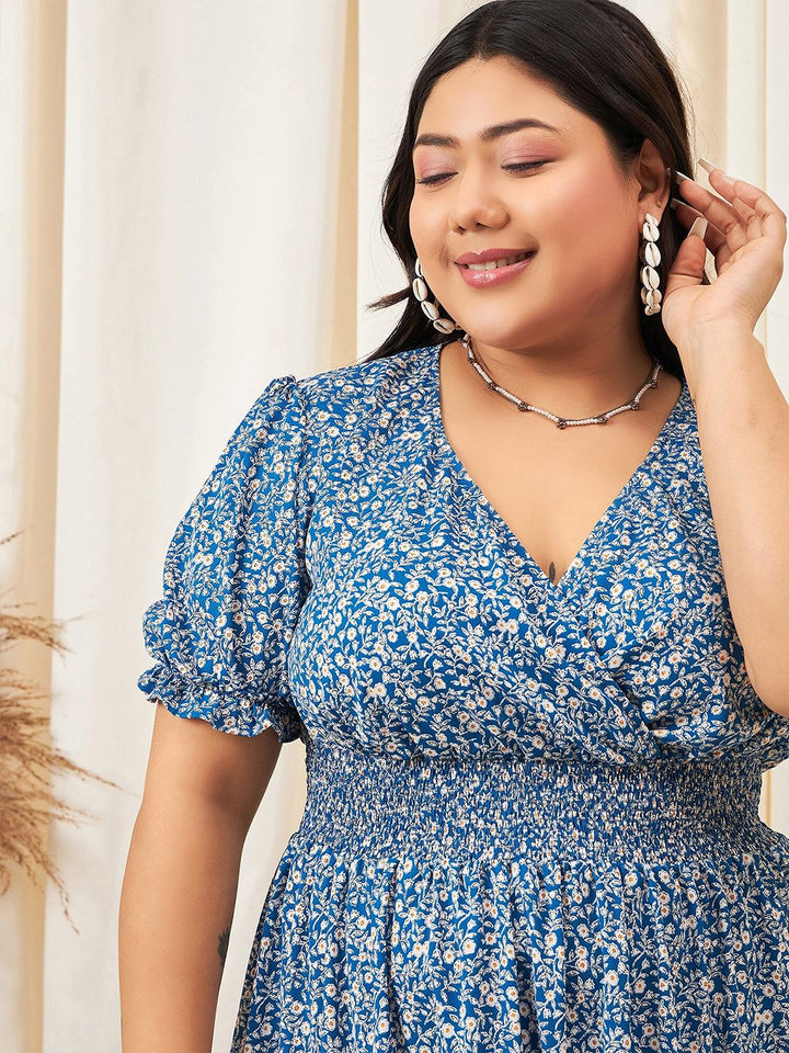 Berrylush Curve Blue Curve Floral Print Puff Sleeve Crepe Empire Midi Dress