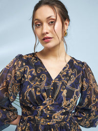 Antheaa Blue Ethnic Motifs Printed Flared Flared Sleeve V-Neck Fit & Flare Dress