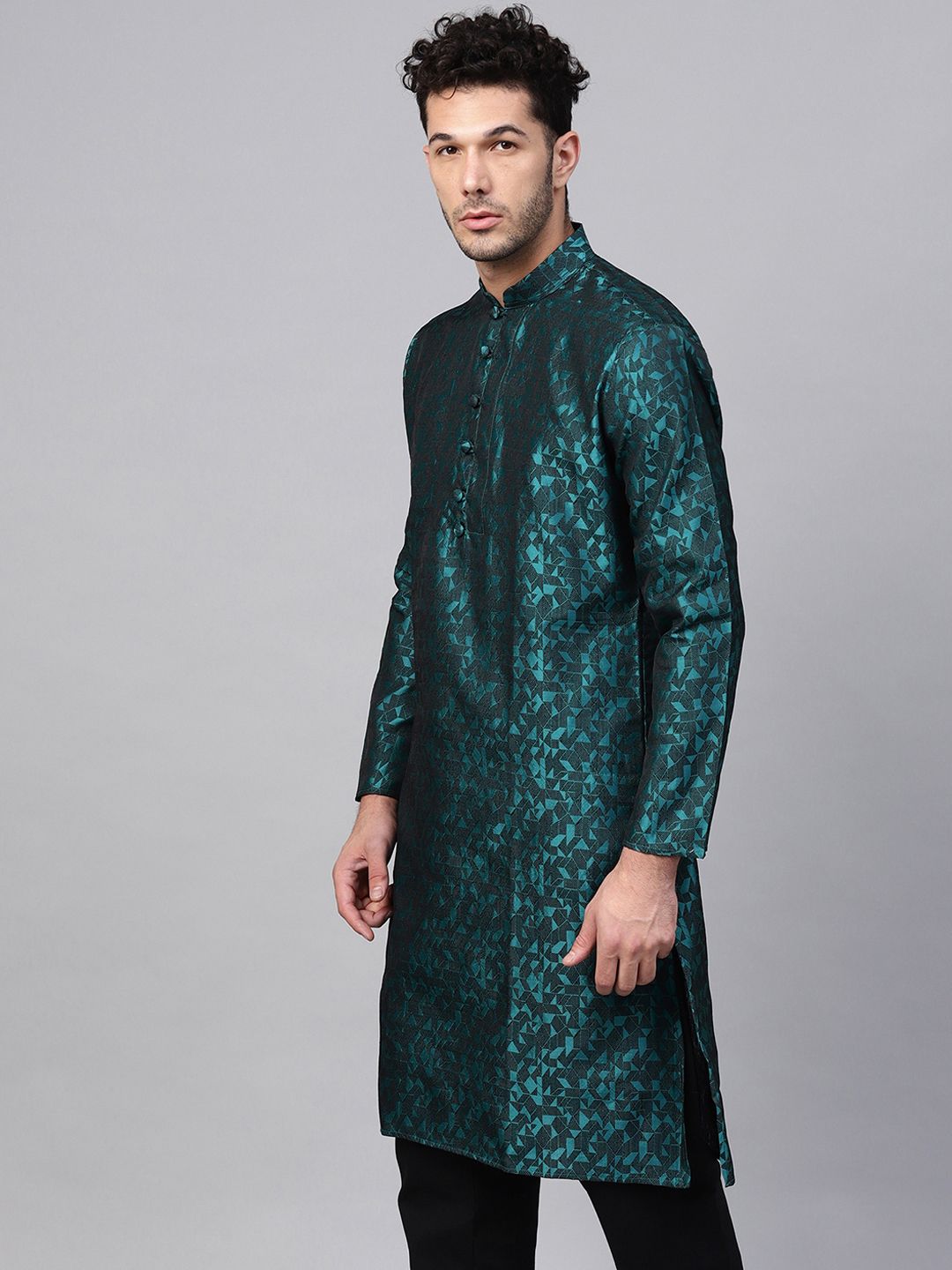 SOJANYA Men Teal Woven Design Straight Kurta