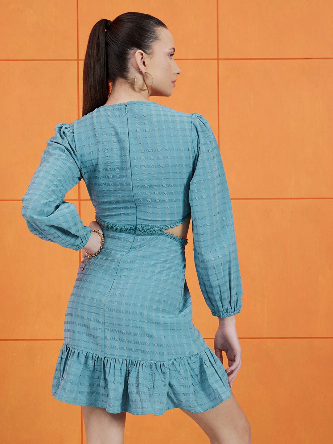 STREET 9 Self Design Round Neck Puff Sleeves Cut-Outs A-Line Dress