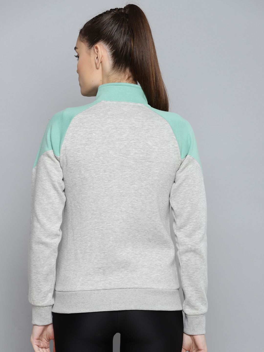 Alcis Women Grey Melange Colourblocked Sea Green Sporty Jacket