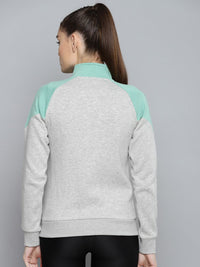 Alcis Women Grey Melange Colourblocked Sea Green Sporty Jacket