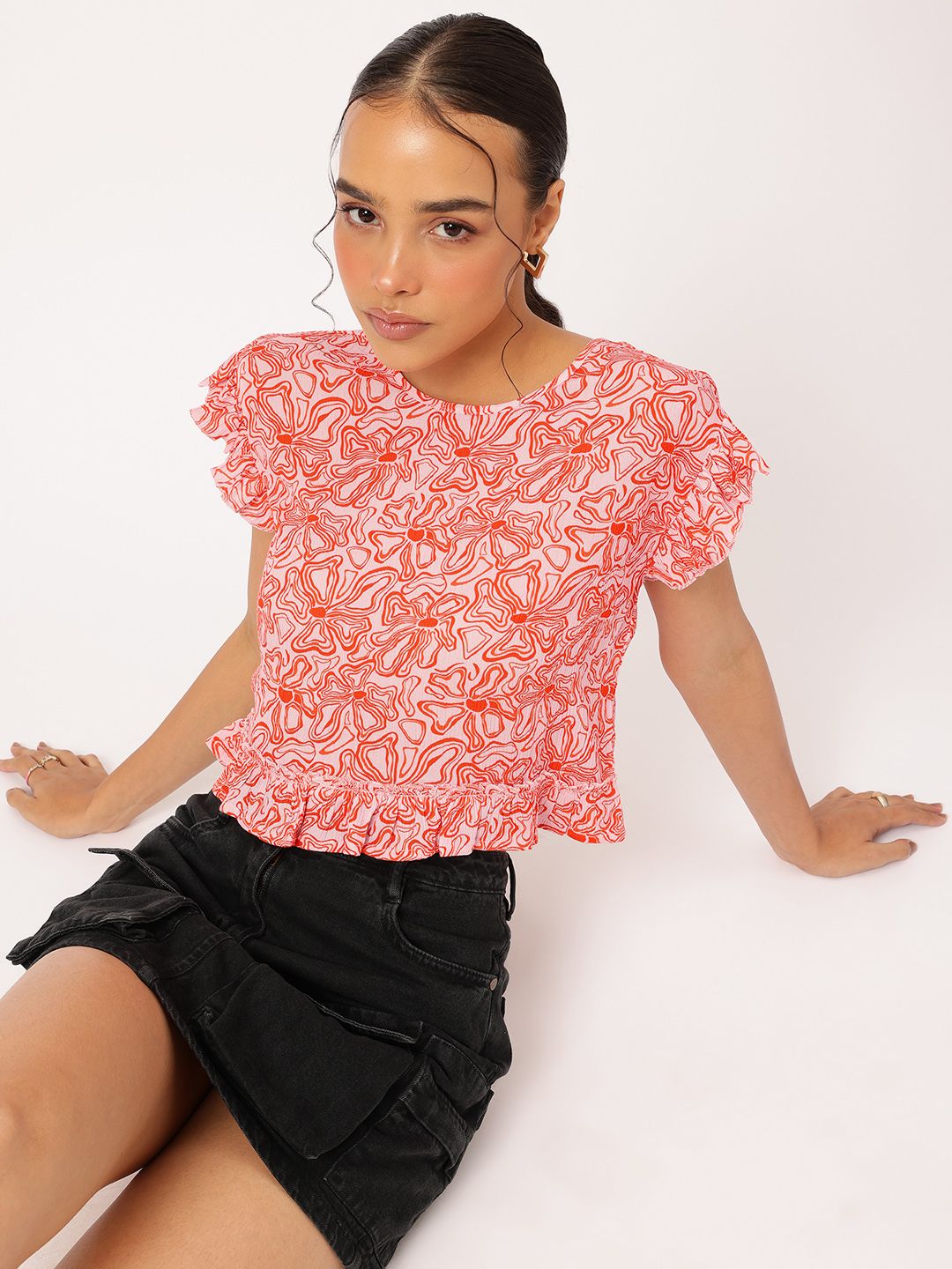 DressBerry Citrus Moment Flutter Sleeve Ruffled Floral Print Top