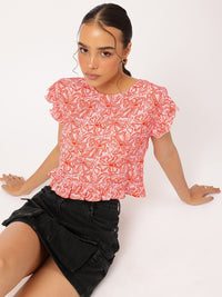 DressBerry Citrus Moment Flutter Sleeve Ruffled Floral Print Top