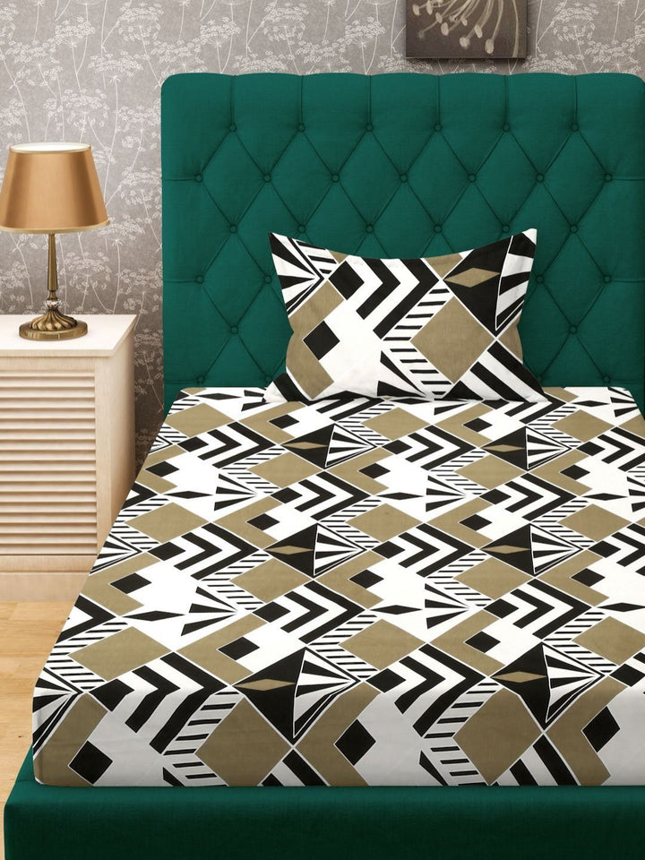 Aura Olive Green & White Geometric 300 TC Single Bedsheet with 1 Pillow Cover