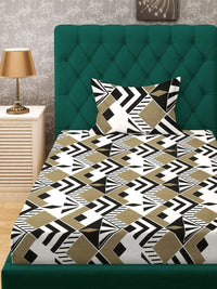 Aura Olive Green & White Geometric 300 TC Single Bedsheet with 1 Pillow Cover