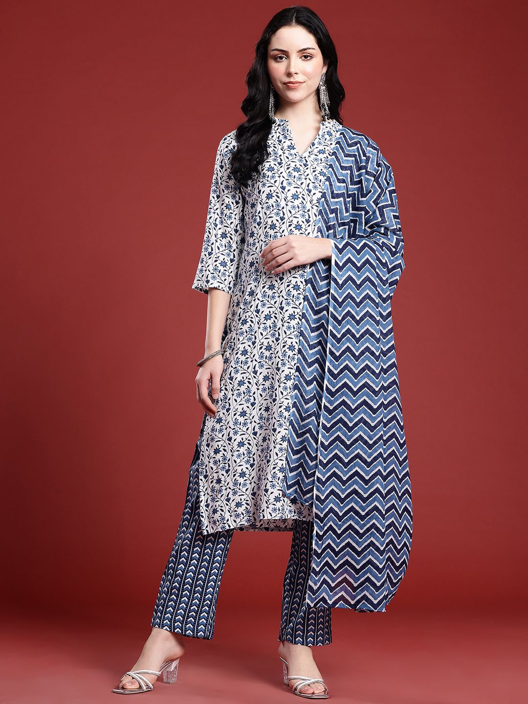 Anouk Floral Printed Band Collar Straight Kurta with Trousers & Dupatta