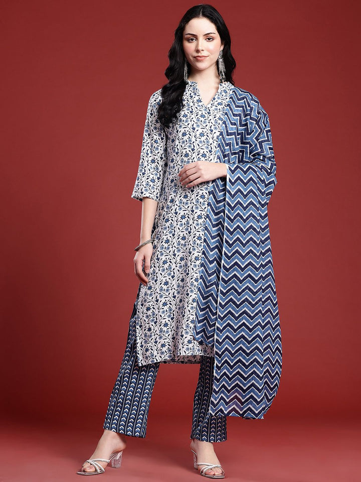 Anouk Floral Printed Band Collar Straight Kurta with Trousers & Dupatta