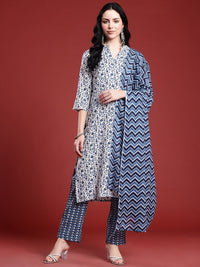 Anouk Floral Printed Band Collar Straight Kurta with Trousers & Dupatta