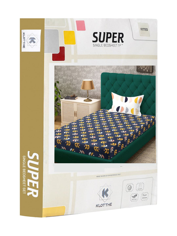 KLOTTHE Dazzle Blue Leaf Cotton 300 TC Fitted Single Bedsheet with a Pillow Cover-89 x 59 inches