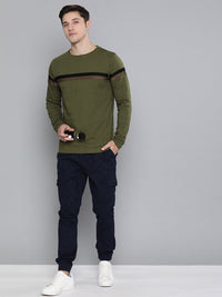 DILLINGER Men Olive Green  Black Striped Cotton Pure Cotton T-shirt