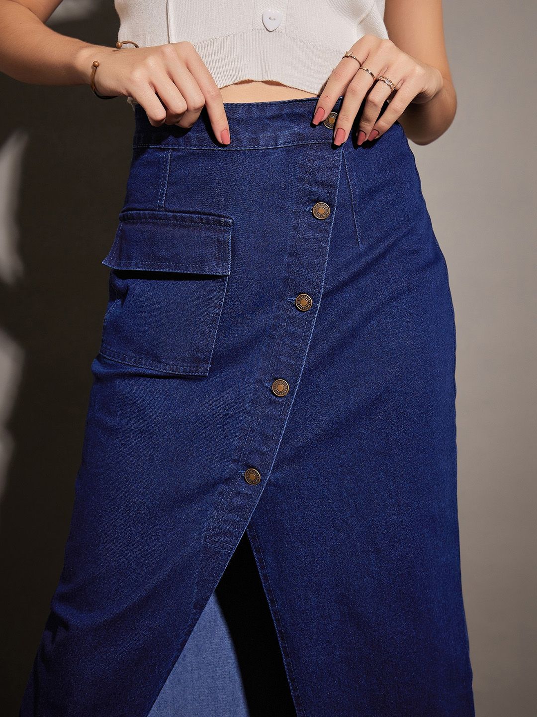 SASSAFRAS Front Button A-Line Denim Skirt