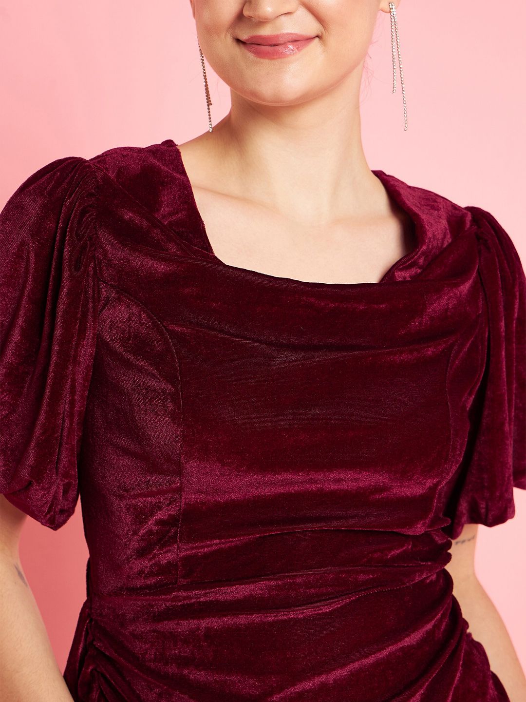Antheaa Flutter Sleeve Velvet Sheath Party Dress