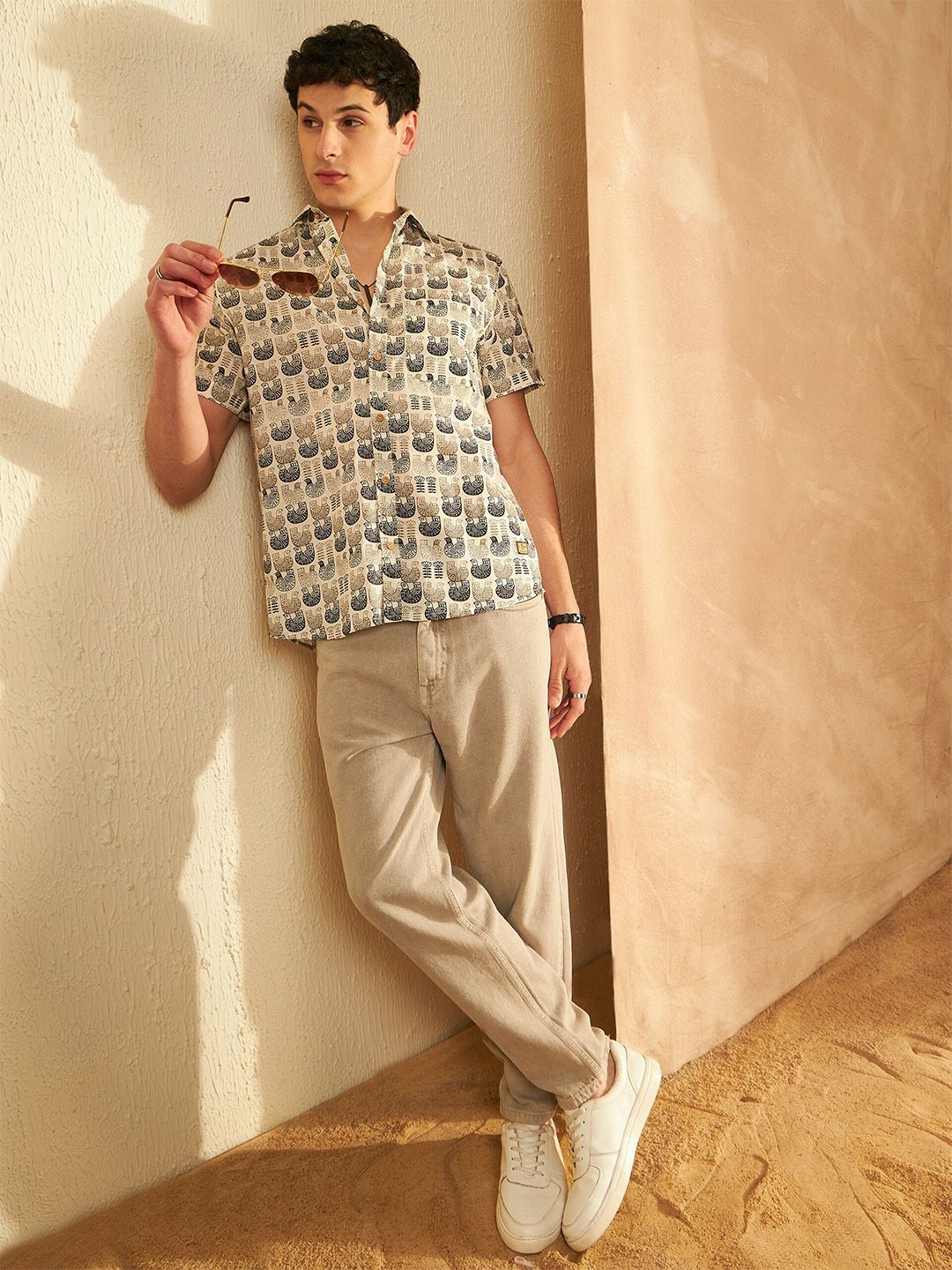 DENNISON Smart Ethnic Motifs Printed Spread Collar Pure Cotton Oversized Lightweight Shirt
