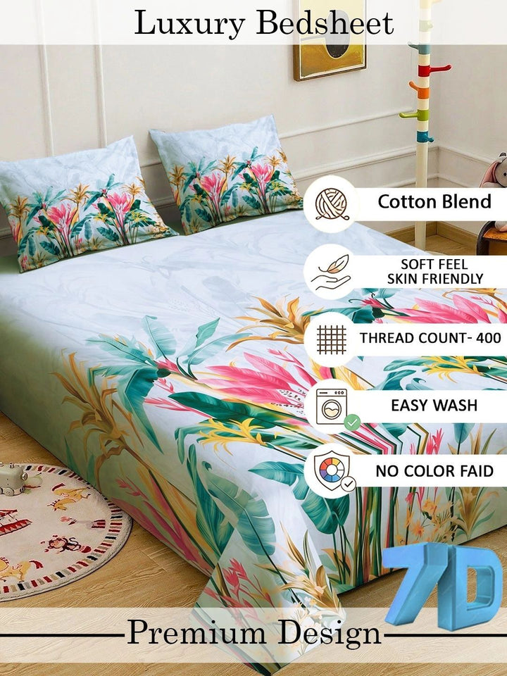 Moda Rapido X KLOTTHE Blue & Pink Floral 400 TC King Bedsheet with 2 Pillow Covers