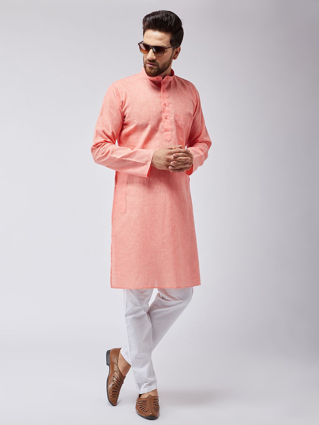 SOJANYA Men Orange & White Solid Kurta with Pyjamas
