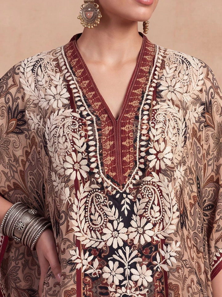 Rumah Wanita Chikankari Sulam Lengan Panjang Kerja Benang Krep Kaftan Kurta
