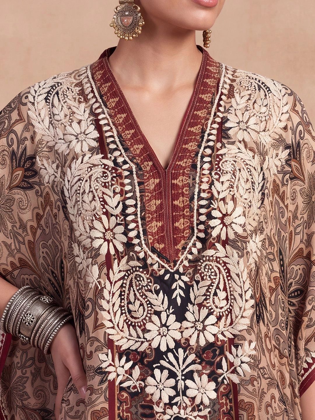 Rumah Wanita Chikankari Sulam Lengan Panjang Kerja Benang Krep Kaftan Kurta